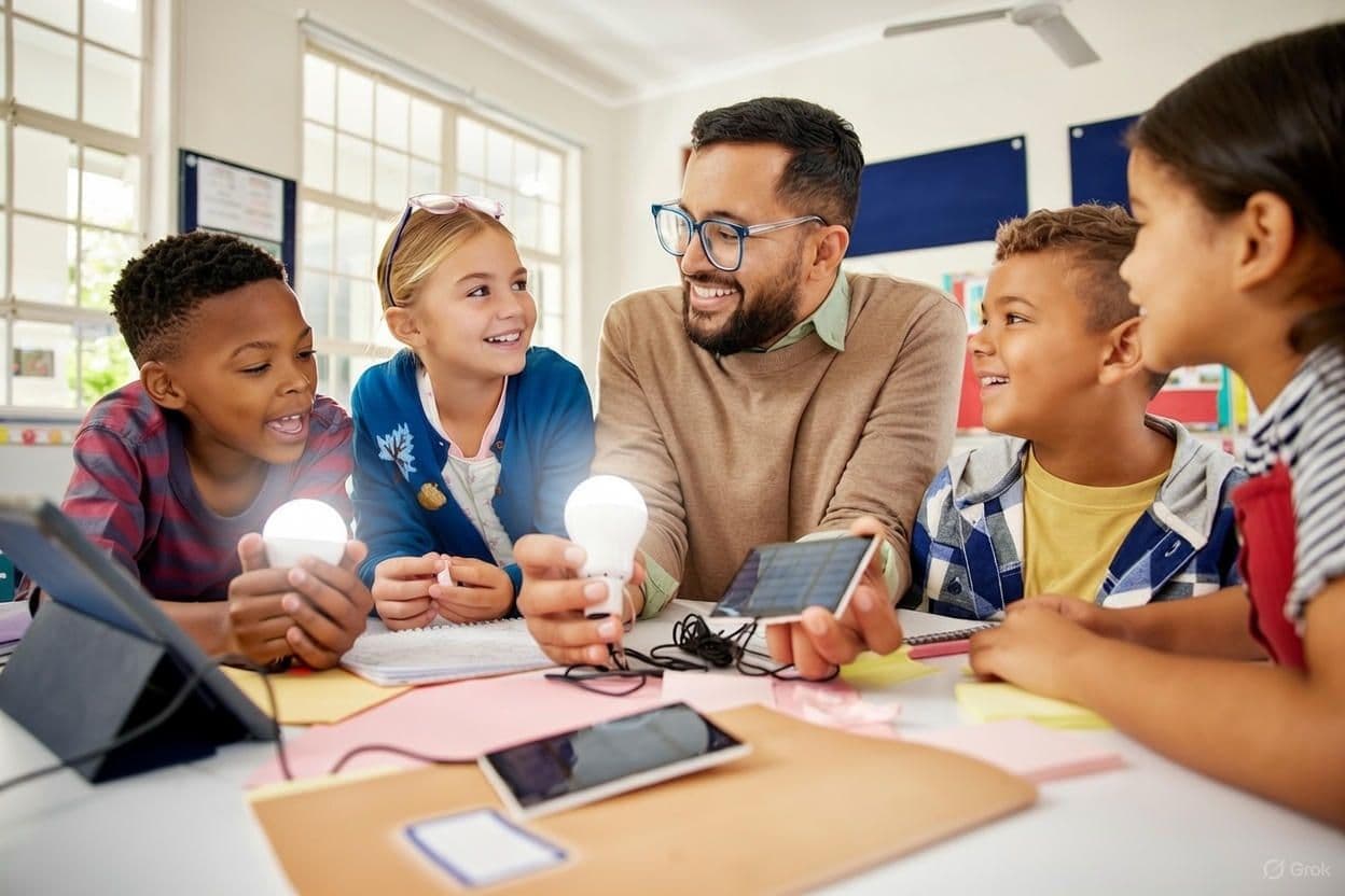 A teacher and pupils exploring a science activity together at a table